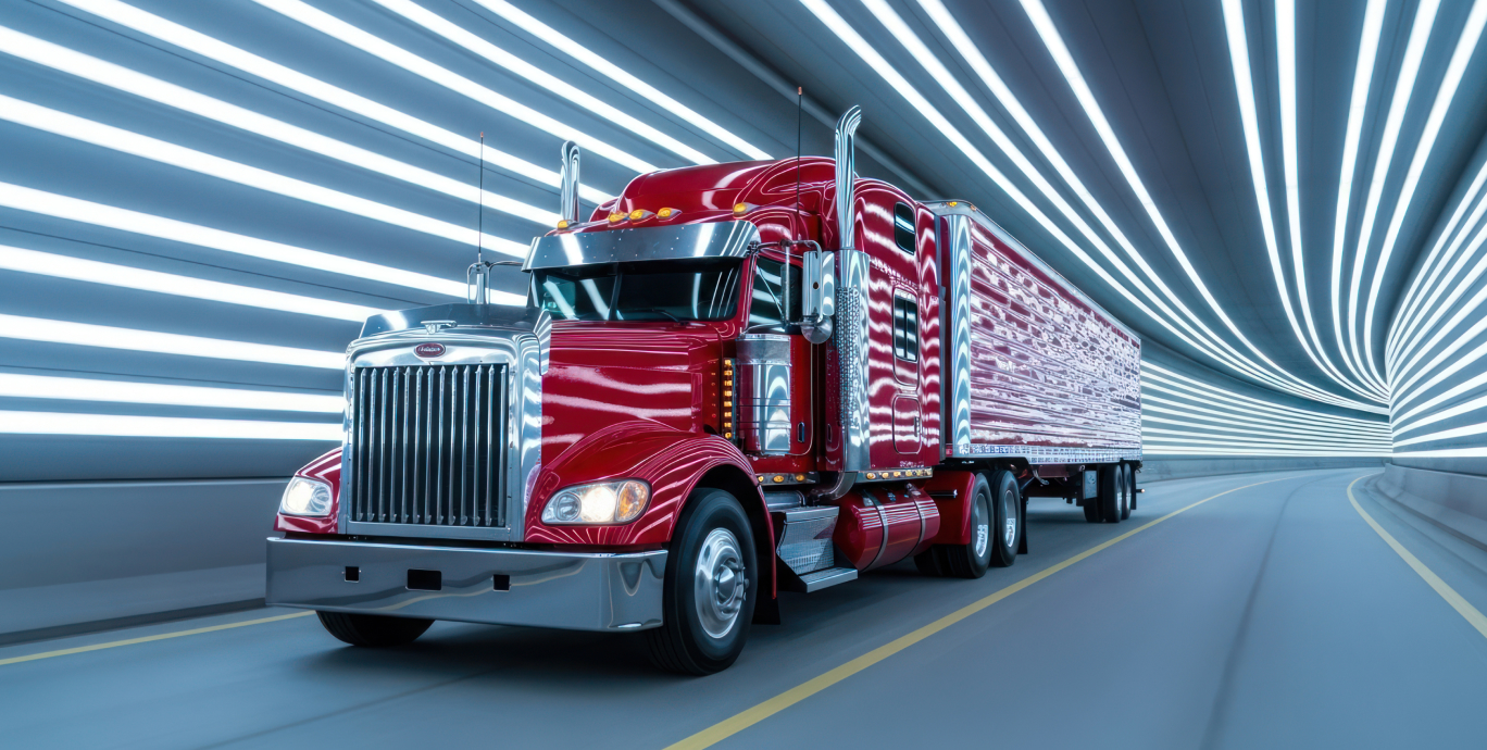 red truck driving through tunnel with white lights featured image