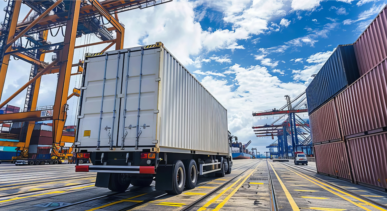 truck with container at a drayage port