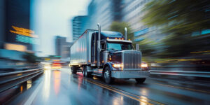 freight truck driving through city