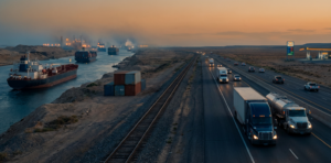 image of cargo ships in a canal water way and freight trucks on a highway