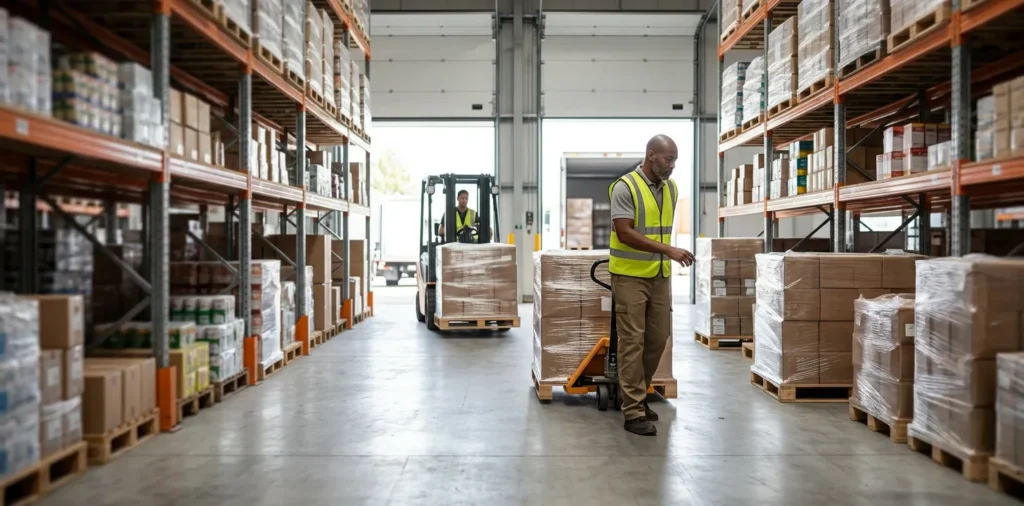 warehouse worker moving packages on a pallet jack