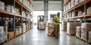 warehouse worker moving packages on a pallet jack