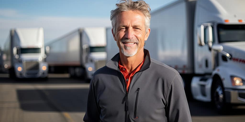 Man standing outside of a few freight trucks
