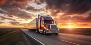 freight truck driving at sunset