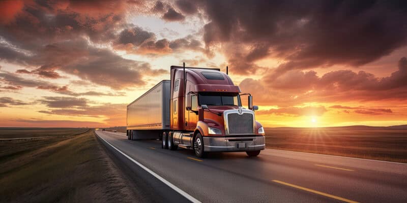freight truck driving at sunset
