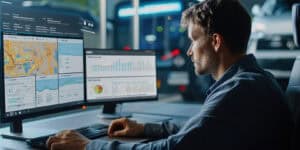 person looking at shipping data on computer monitor