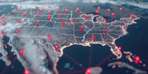 U.S. map with red pins showing city locations