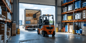 forklift operator placing packages into the back of a truck