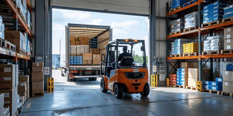forklift operator placing packages into the back of a truck