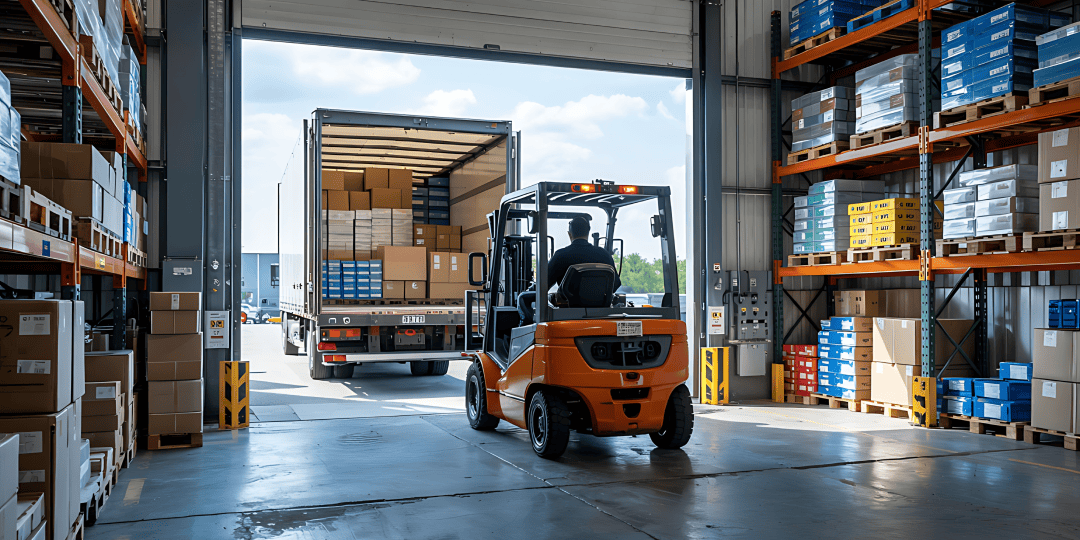 forklift operator placing packages into the back of a truck