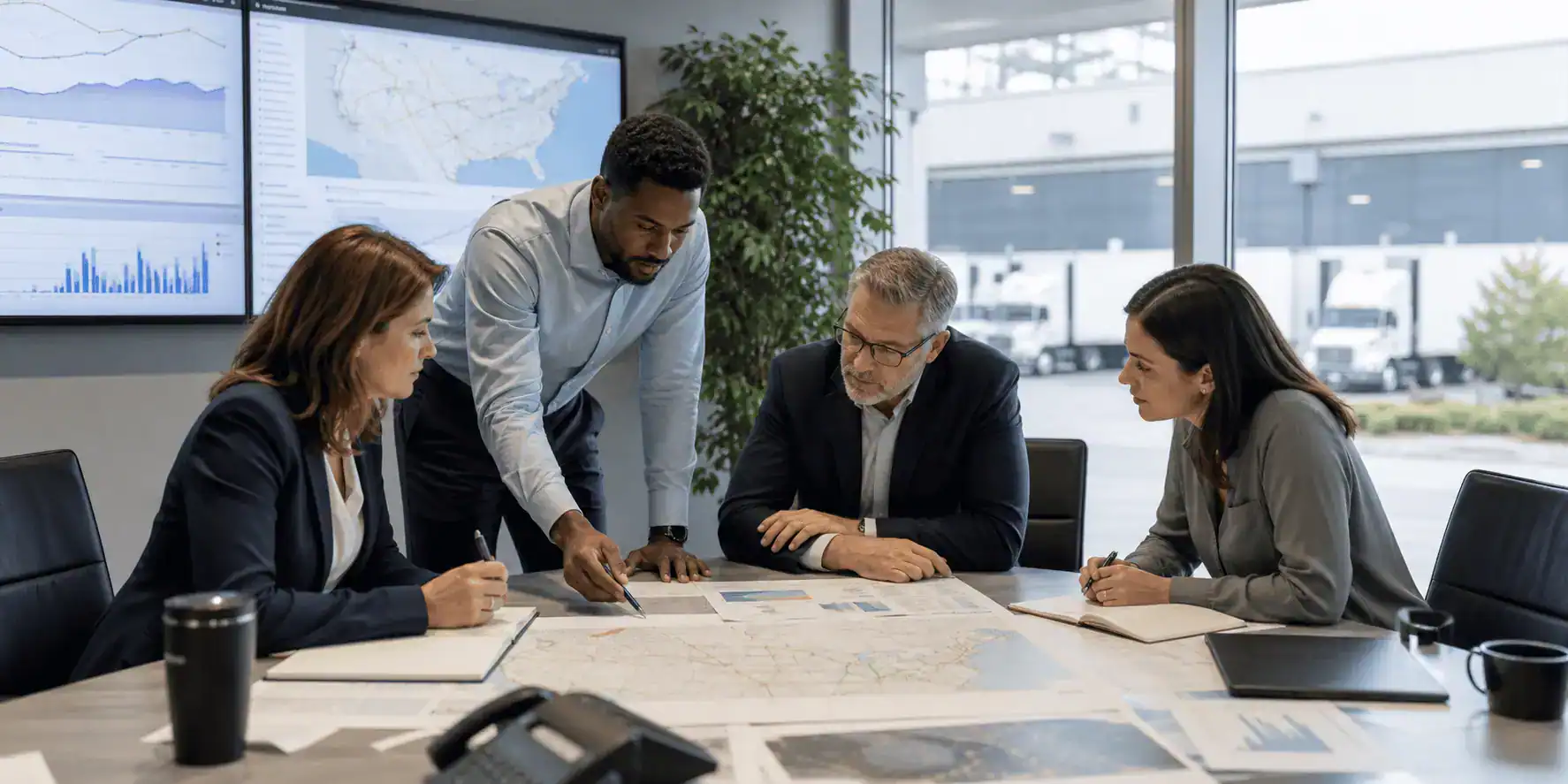 business people around a table reviewing transportation metrics