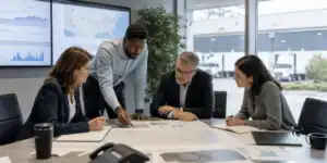 business people around a table reviewing transportation metrics