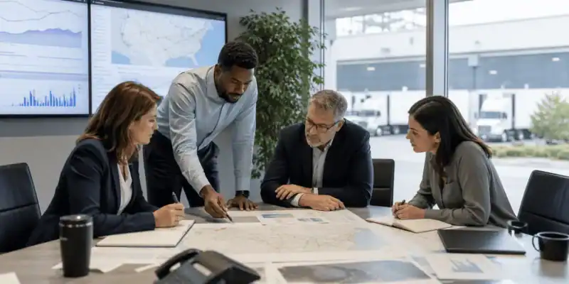 business people around a table reviewing transportation metrics