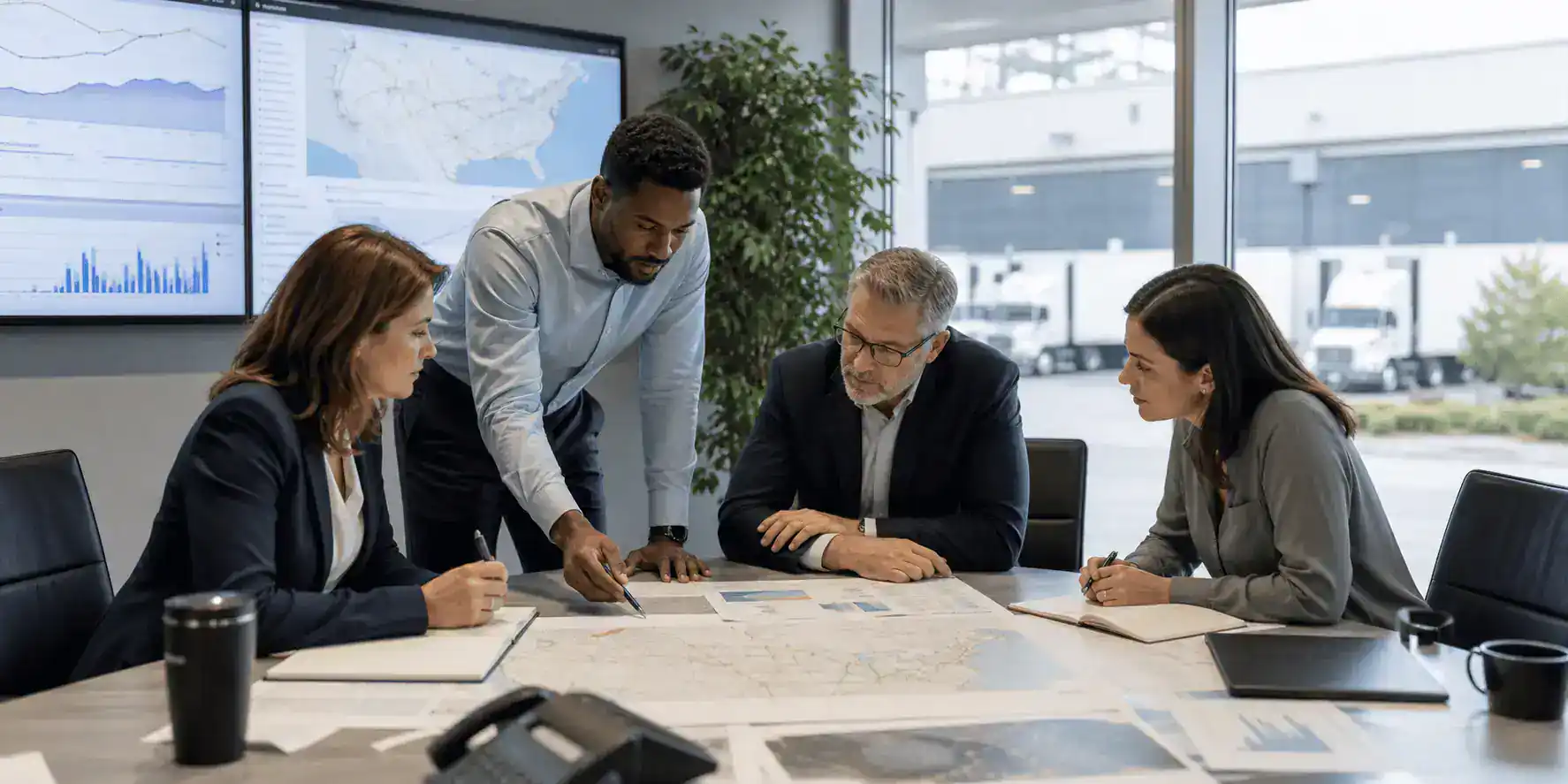 business people around a table reviewing transportation metrics